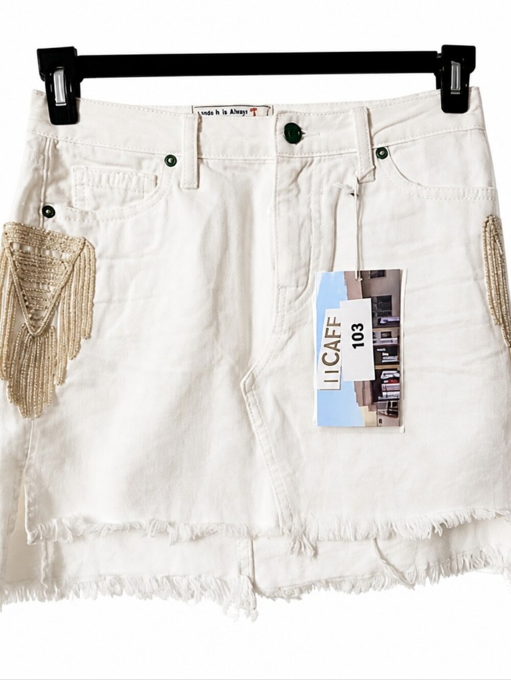 White Denim Skirt Movement By Free People with Fringe and Gold Accents